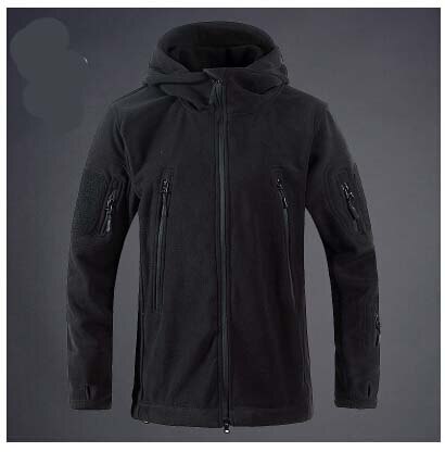 Front view of the Hooded Tactical Fleece Jacket in solid matte black, highlighting its streamlined profile and clean vertical torso zip tracks.