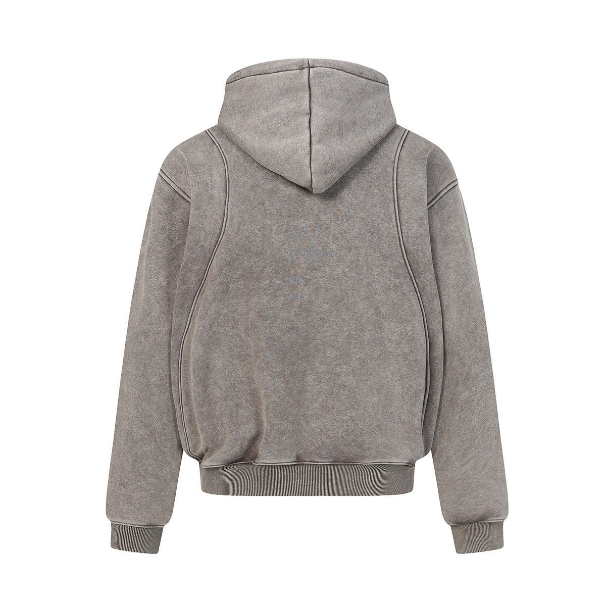Rear view of the MontQuant Washed Cotton Hoodie in Mineral Gray, emphasizing its clean structural seams and premium architectural drape.