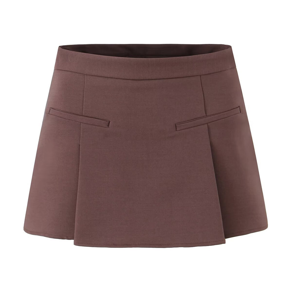 Side-by-side view of the tailored A-line suit pants skirt in dark brown