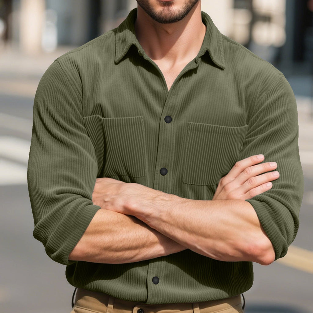 Close-up of the MontQuant Long Sleeve Rib Knit Shirt in Olive Drab green, highlighting the structural collar drape and tonal button placket.