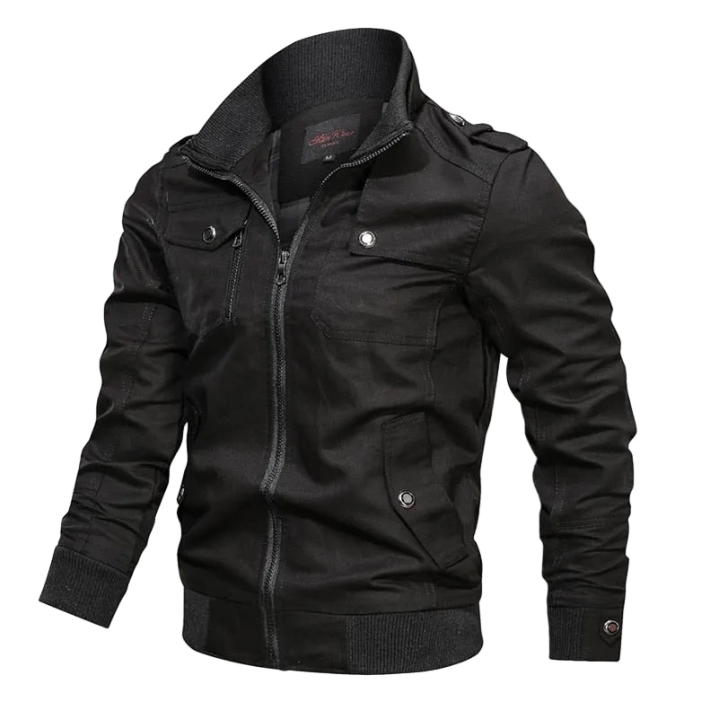 Front view of MONTQUANT Military Cotton Jacket in C03 Black, illustrating the monochrome minimalist aesthetic and industrial zipper closure.