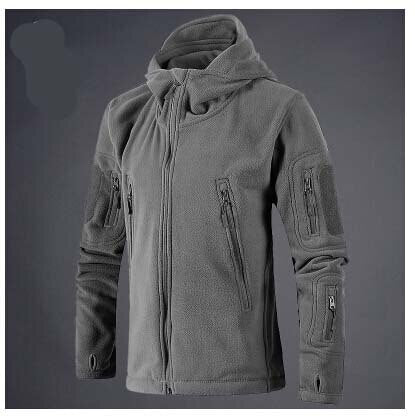 Front view of the Hooded Tactical Fleece Jacket in a deep charcoal grey hue, showing the structured hood layout and active arm paneling.