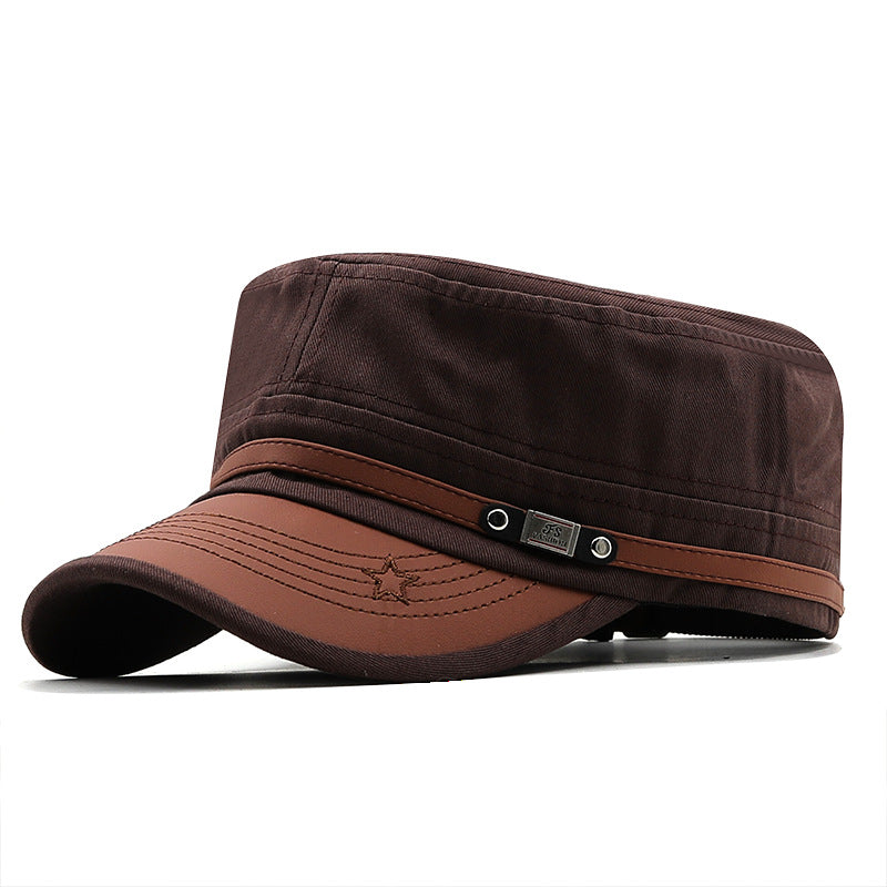 MontQuant tech-cotton flat top field cap in Espresso Brown featuring a matching structured fabric crown, a dark brown faux-leather curved brim, and a low-profile metallic side accent.