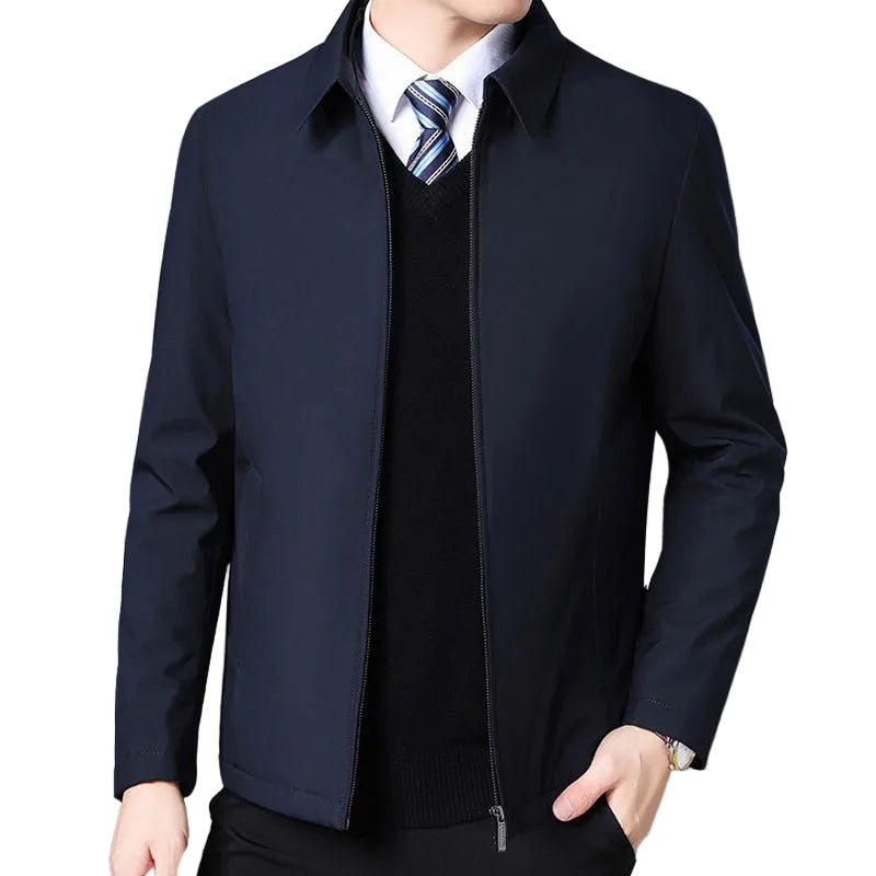 Front profile view of the Turn-Down Collar Zip Jacket in deep navy blue, showcasing its clean shoulder drape and balanced athletic silhouette.