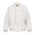 Front view of the Montquant Embroidered Stand-Collar Jacket in an off-white shade, showcasing its high band neckline, vertical zip pocket, ribbed trim, and fine sleeve embroidery.