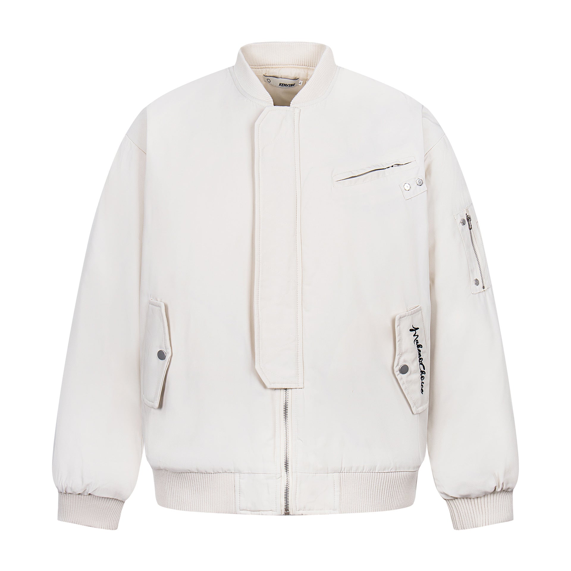 Front view of the Montquant Embroidered Stand-Collar Jacket in an off-white shade, showcasing its high band neckline, vertical zip pocket, ribbed trim, and fine sleeve embroidery.