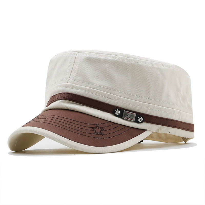MontQuant tech-cotton flat top field cap in Desert Sand beige featuring a light-toned structured crown, a contrasting dark brown faux-leather curved brim, and a tailored contrast utility band.