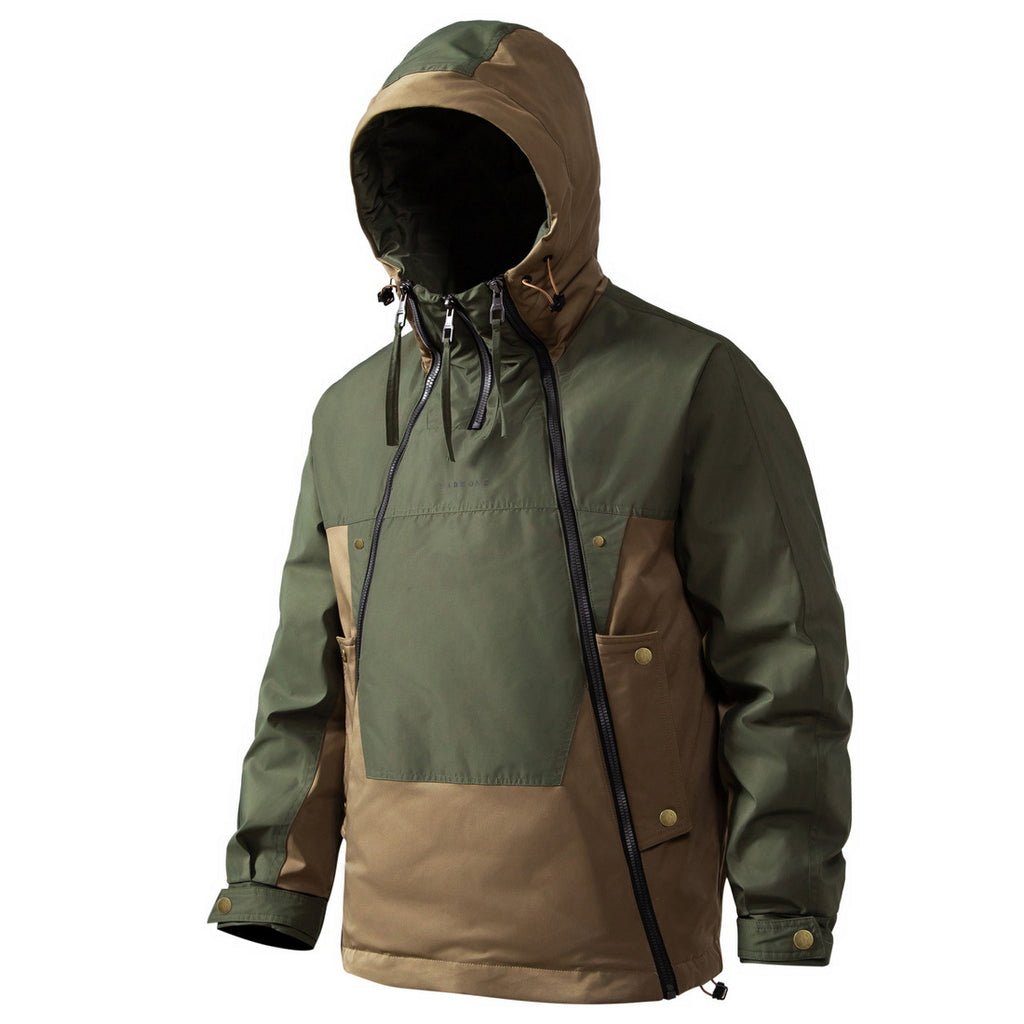 Three-quarter profile presentation of the technical hooded jacket, highlighting the loose silhouette, robust sleeve seams, and contrasting buttoned side tabs along the lower hem.