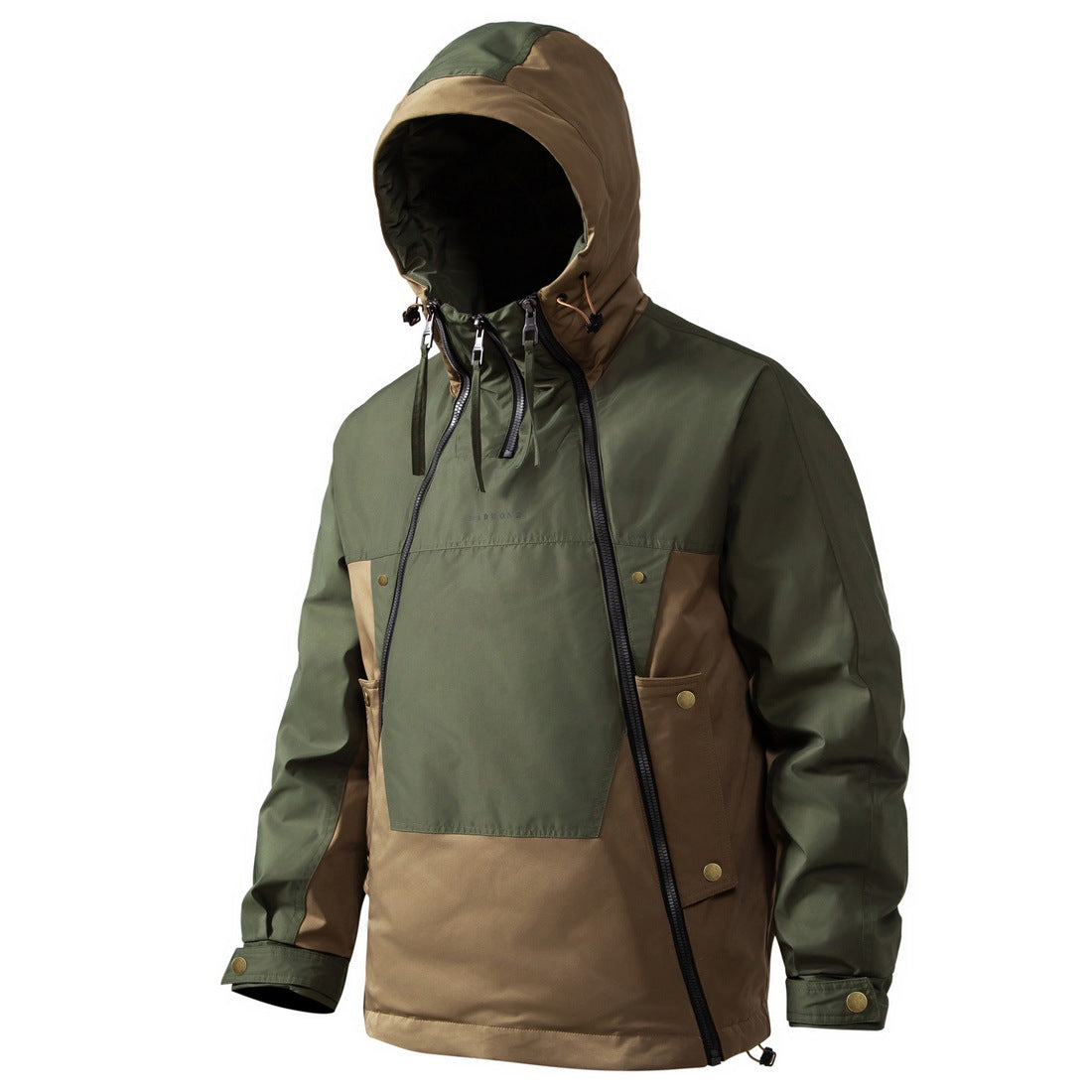 Three-quarter profile presentation of the technical hooded jacket, highlighting the loose silhouette, robust sleeve seams, and contrasting buttoned side tabs along the lower hem.