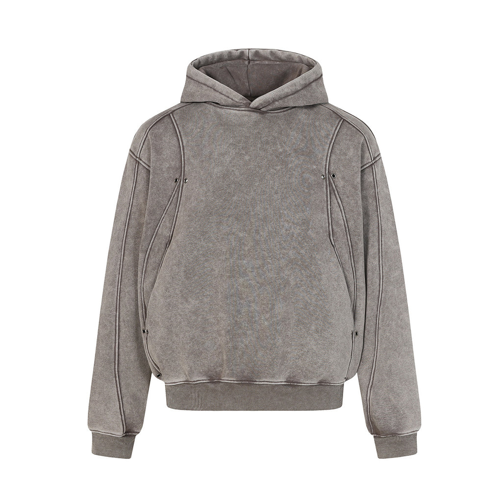Front view of the MontQuant heavyweight boxy hoodie in Mineral Gray, highlighting the relaxed dropped-shoulder silhouette and wide ribbed hem.