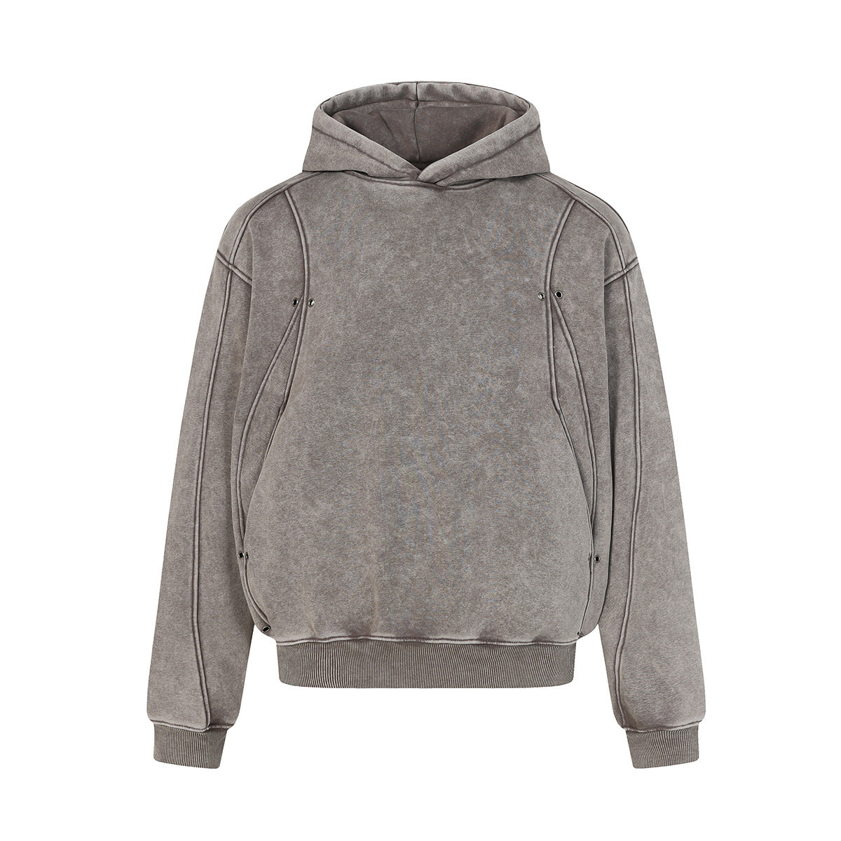 Front view of the MontQuant heavyweight boxy hoodie in Mineral Gray, highlighting the relaxed dropped-shoulder silhouette and wide ribbed hem.