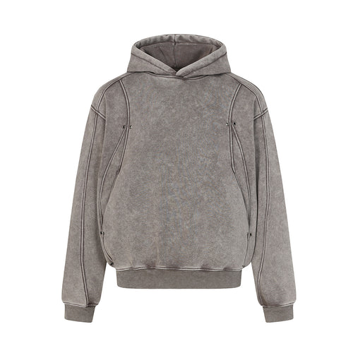 Front view of the MontQuant heavyweight boxy hoodie in Mineral Gray, highlighting the relaxed dropped-shoulder silhouette and wide ribbed hem.