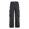 Front view of the MONTQUANT Street Style Trousers in rich monochrome Black, highlighting the clean structural drape and silver hardware zipper accents.