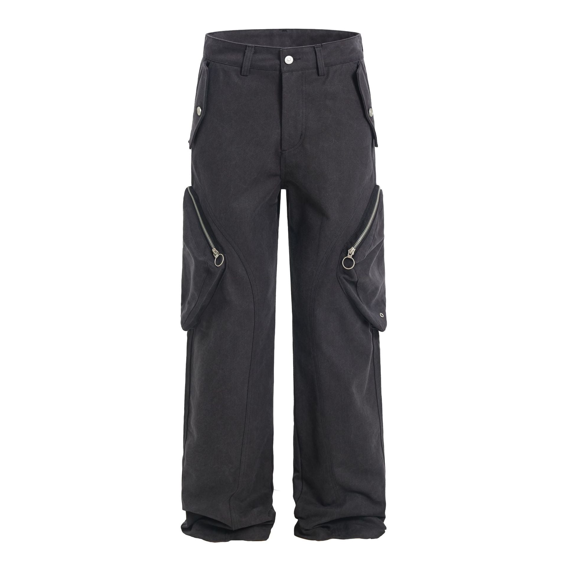 Front view of the MONTQUANT Street Style Trousers in rich monochrome Black, highlighting the clean structural drape and silver hardware zipper accents.