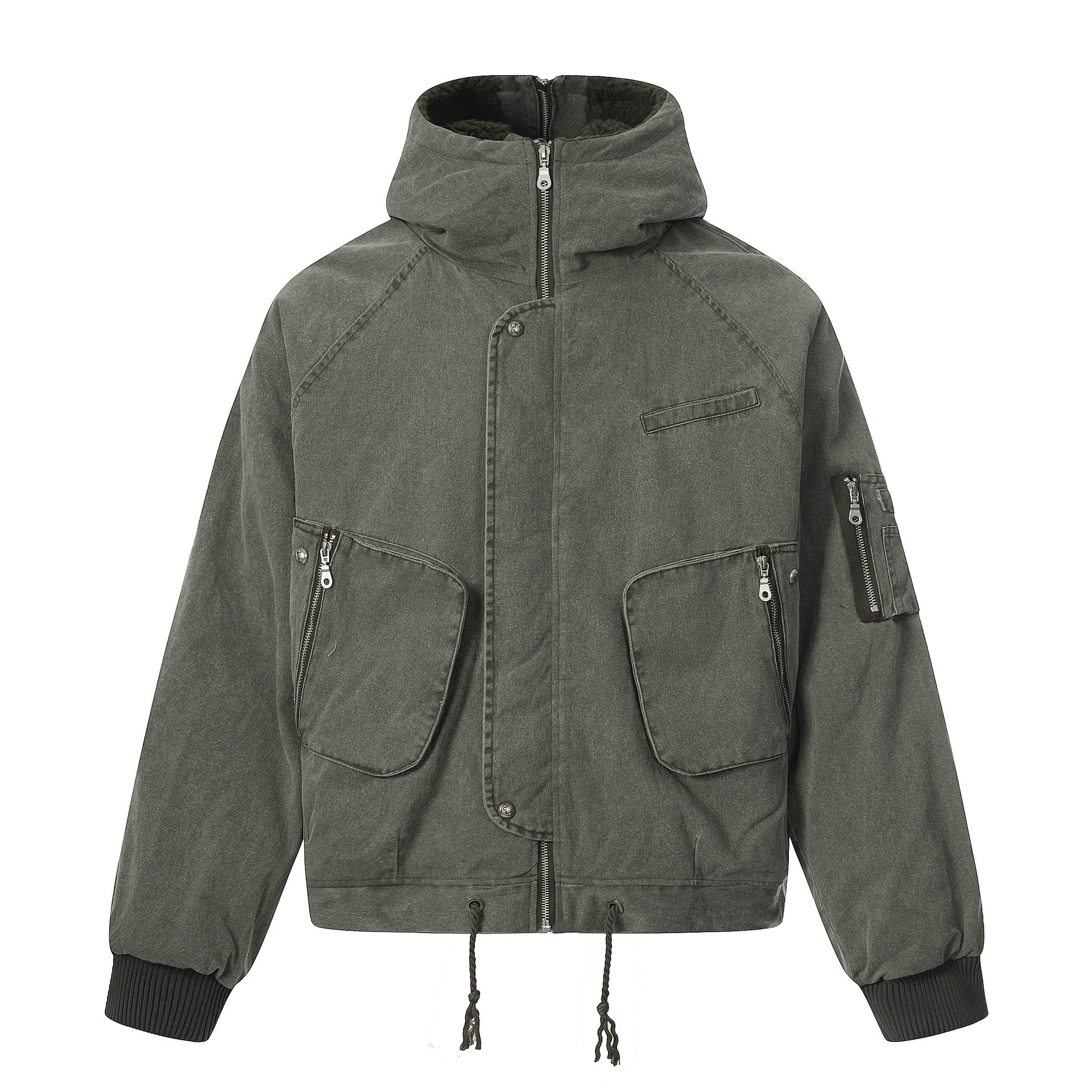 Side profile view of the washed olive green Hooded Jacket, showcasing the generous hood construction, arm paneling, and sturdy canvas texture.