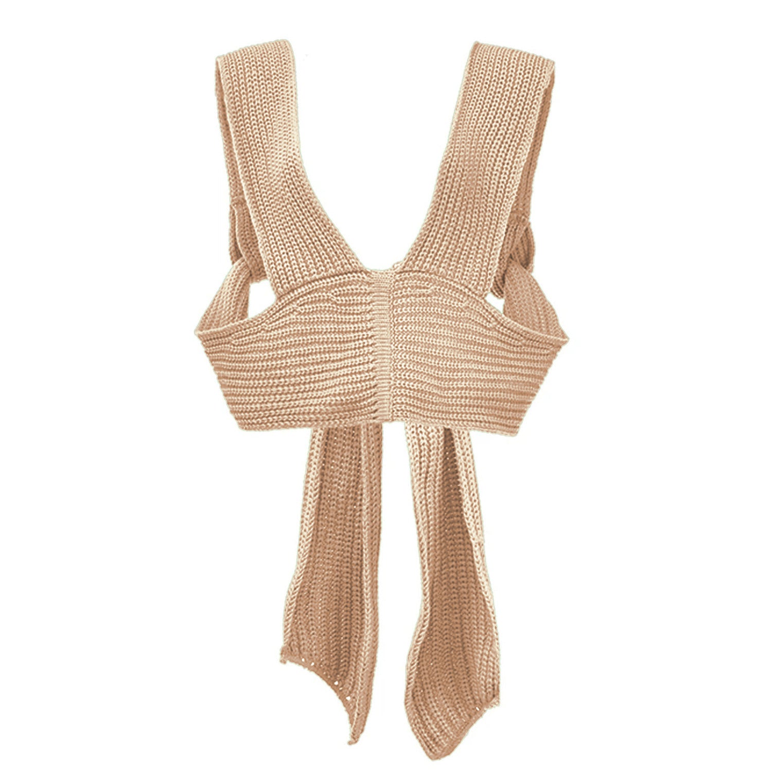 Back profile flat lay of the cross-woven halter top in light apricot beige showing the relaxed drape of the self-ties.