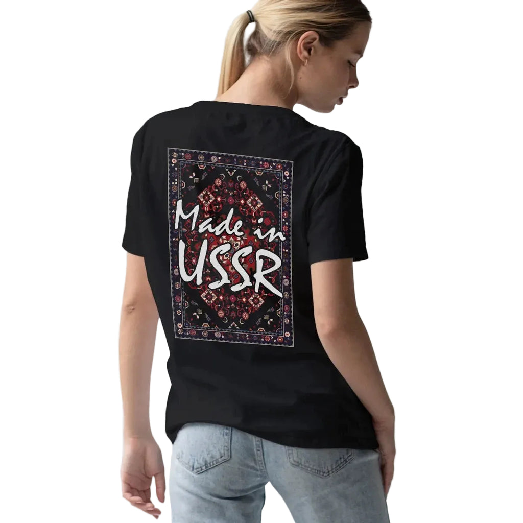 Person wearing a black t-shirt with 'Made in USSR' text on the back