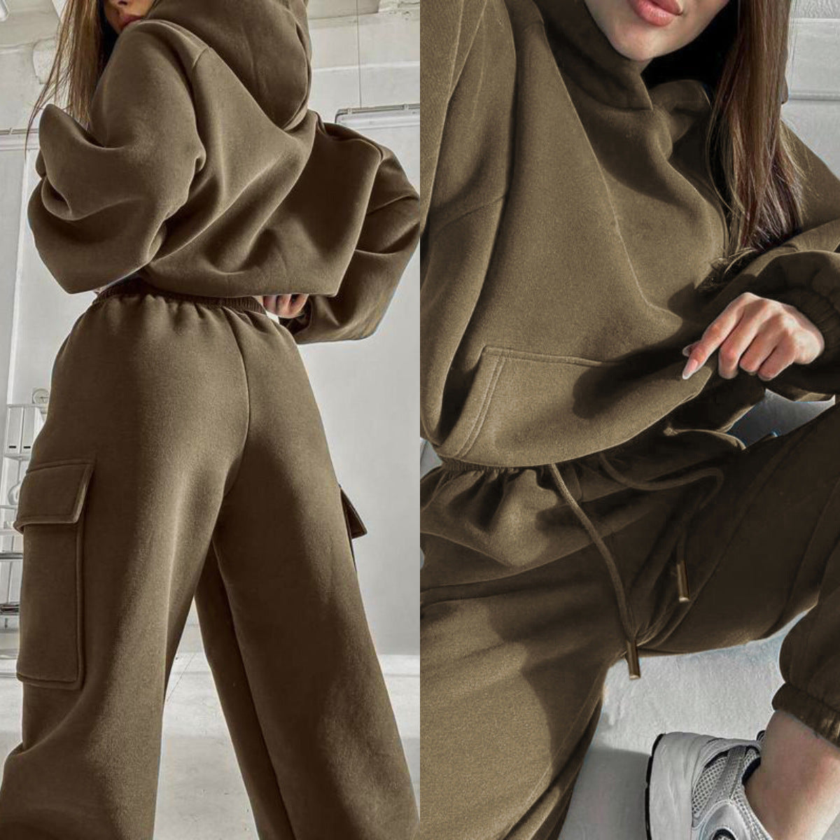 Detailed view of a woman reclining in a warm espresso brown two-piece cotton fleece loungewear set.