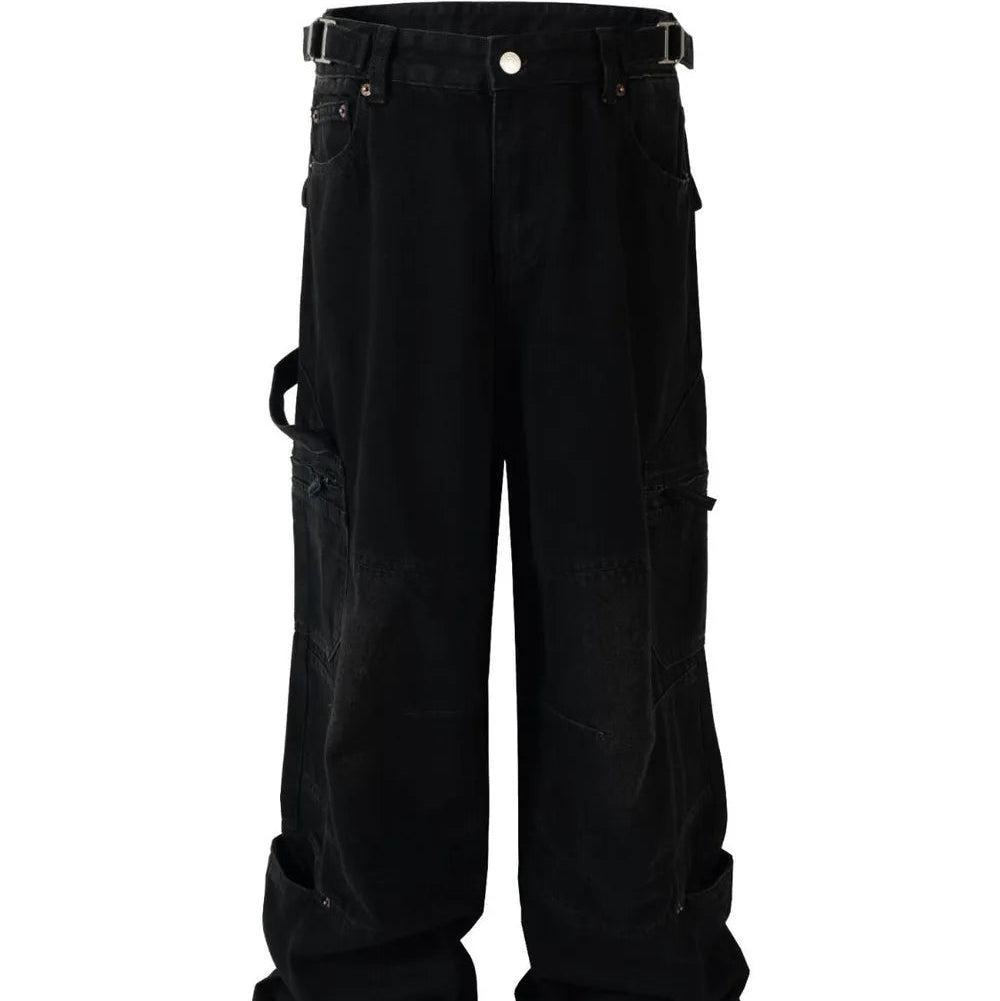 Front view of the Montquant Wide-Leg Cargo Jean in a rich dark wash black denim, highlighting its structured oversized fit, relaxed wide silhouette, and integrated side cargo pockets.
