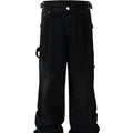 Front view of the Montquant Wide-Leg Cargo Jean in a rich dark wash black denim, highlighting its structured oversized fit, relaxed wide silhouette, and integrated side cargo pockets.