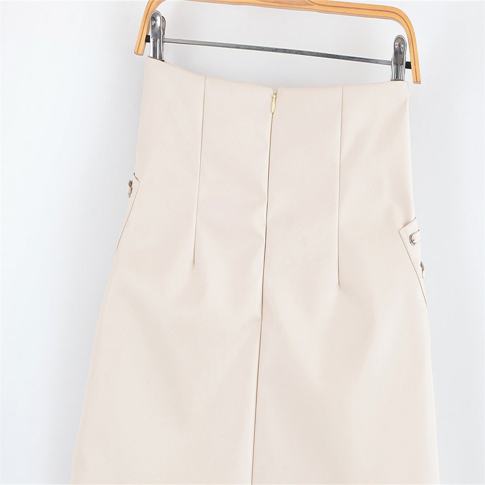 Beige poplin long skirt with prominent lace-up grommet detailing showing the back view by MontQuant