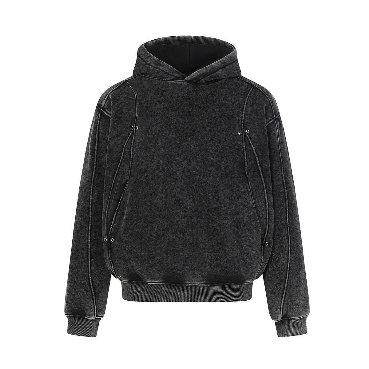 MontQuant Premium Washed Boxy Hoodie in Onyx Black, showcasing a heavy cotton fleece structure, a crossover hood, and unique mineral-wash seam fading.