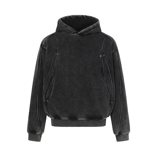 MontQuant Premium Washed Boxy Hoodie in Onyx Black, showcasing a heavy cotton fleece structure, a crossover hood, and unique mineral-wash seam fading.