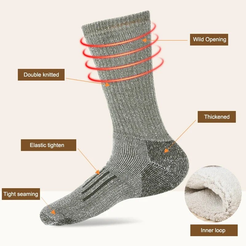 Infographic diagram of the MONTQUANT Merino Hiking Sock detailing the elastic arch support, anti-slip ankle elastic, high-density terry cushion, and breathable knit mesh channels.