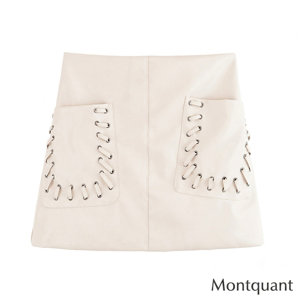 Beige poplin long skirt with prominent lace-up grommet detailing running down the front panels by MontQuant
