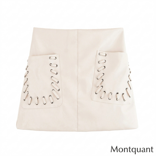 Beige poplin long skirt with prominent lace-up grommet detailing running down the front panels by MontQuant