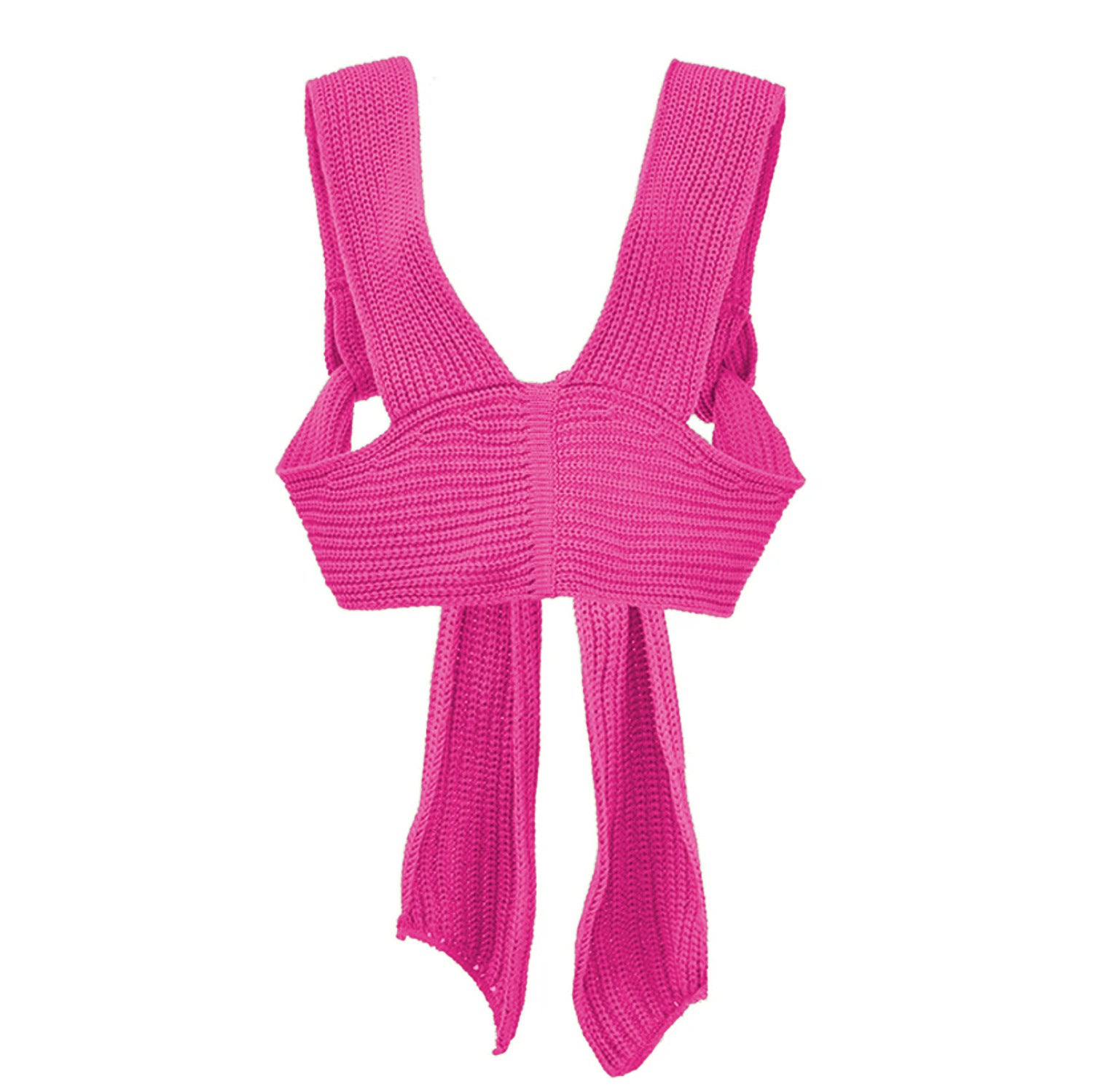 Back profile flat lay of the cross-woven halter top in vibrant fuchsia pink emphasizing the structured strap lines.