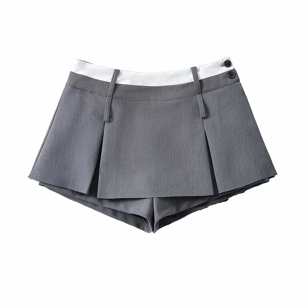 MontQuant gray pleated mini skirt skort for women four-panel styling views