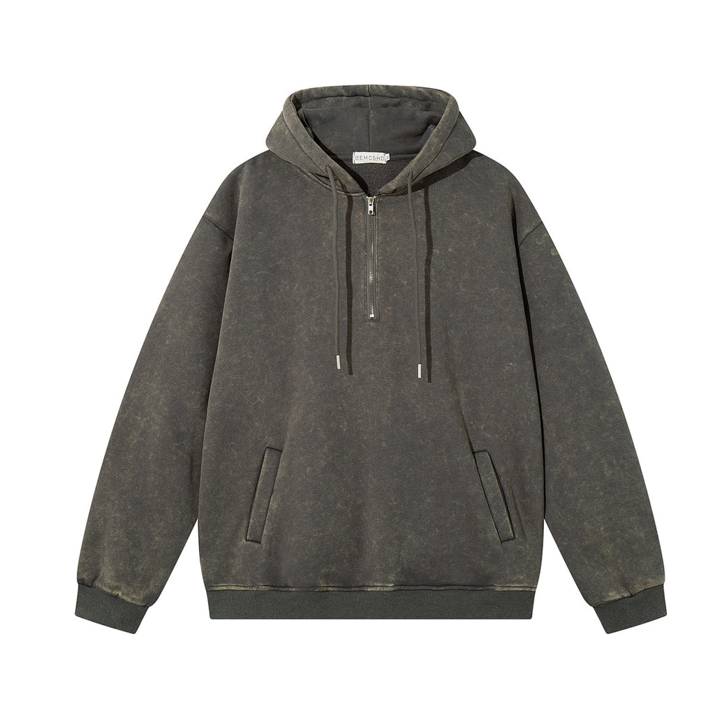 Front view of the MontQuant heavyweight boxy hoodie in Mineral Gray, highlighting the relaxed dropped-shoulder silhouette and wide ribbed hem.