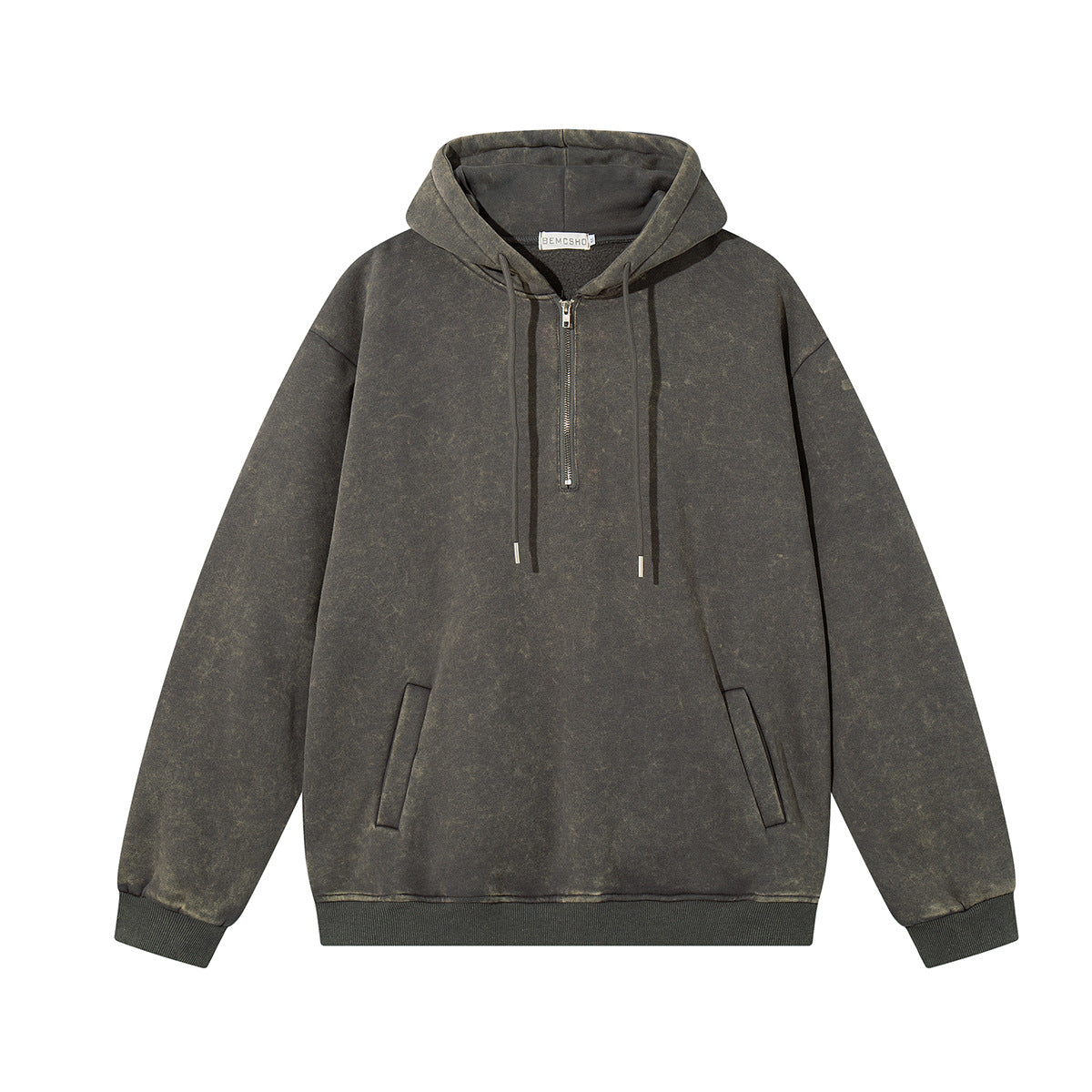 Front view of the MontQuant heavyweight boxy hoodie in Mineral Gray, highlighting the relaxed dropped-shoulder silhouette and wide ribbed hem.