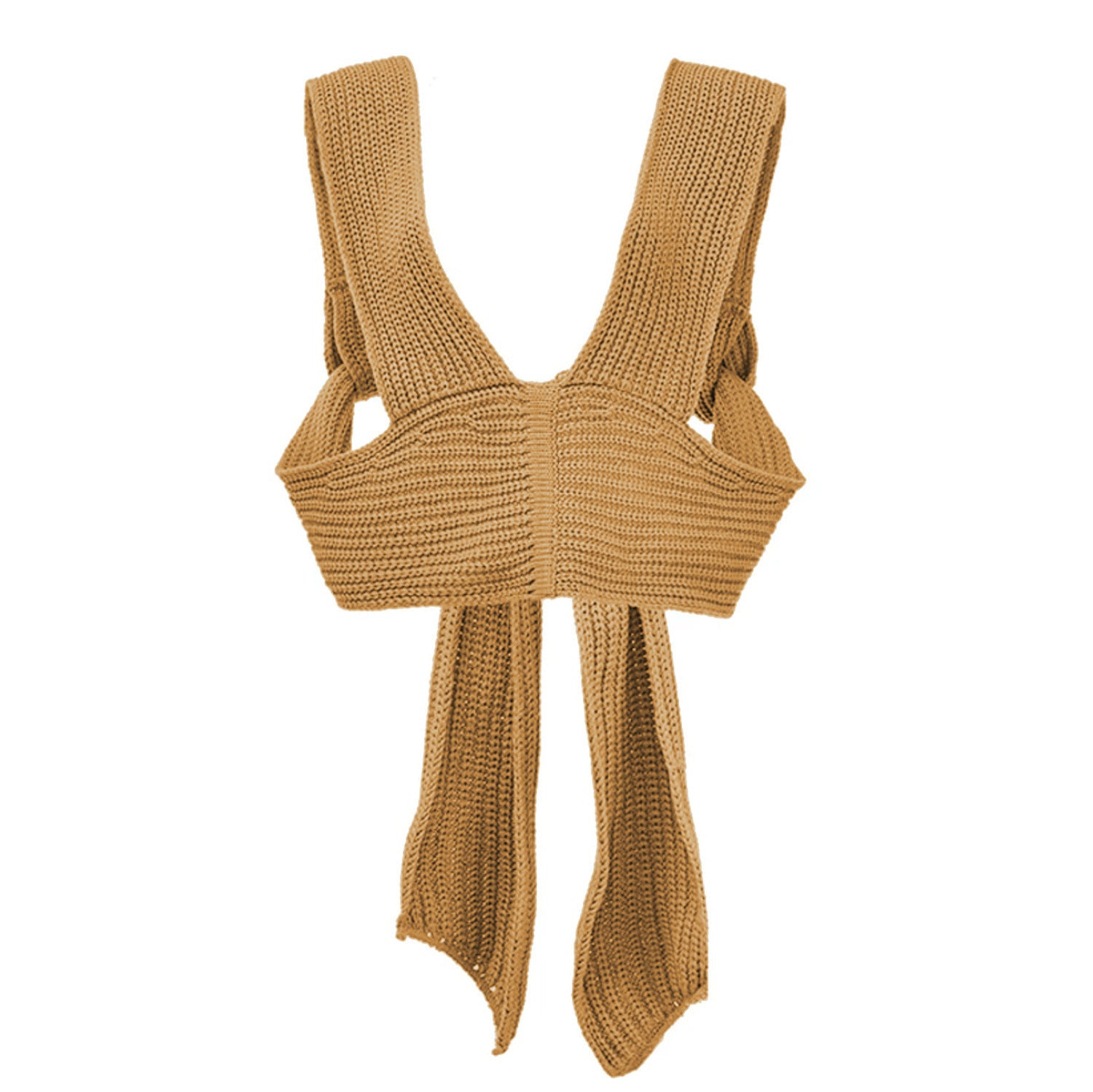 Back profile flat lay of the cross-woven halter top in mustard yellow showing the open-back silhouette and wrap ties.