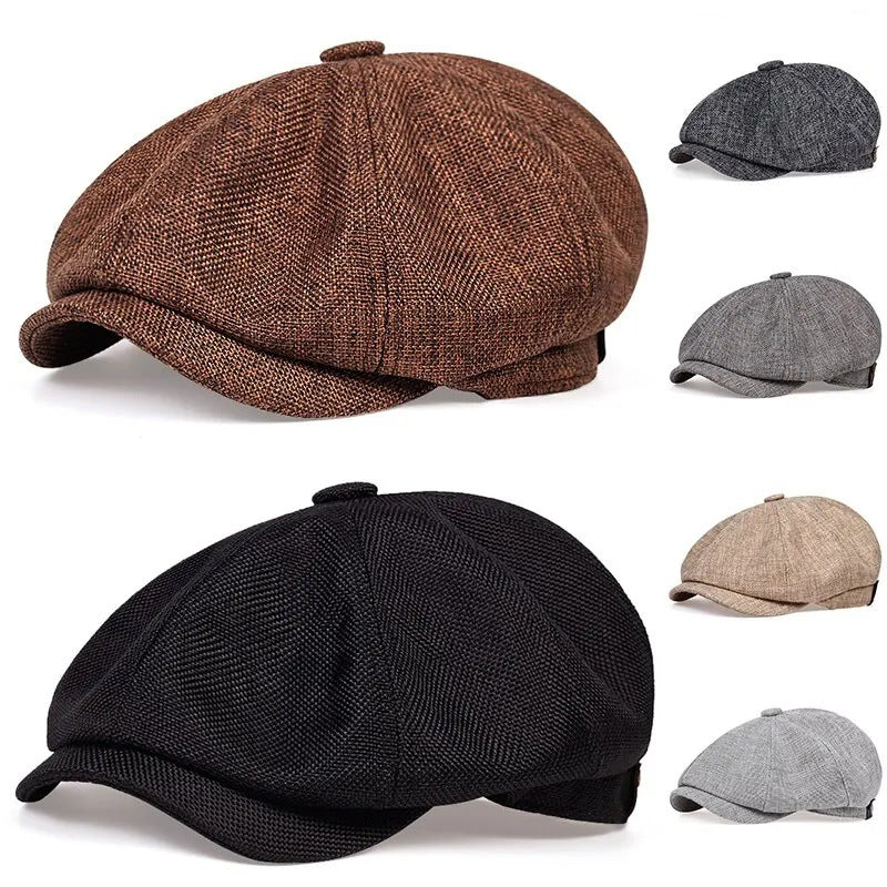 Three-quarter studio view of the MONTQUANT Textured Newsboy Cap in Coffee brown, showcasing its classic eight-panel octagonal crown structure and short brim.
