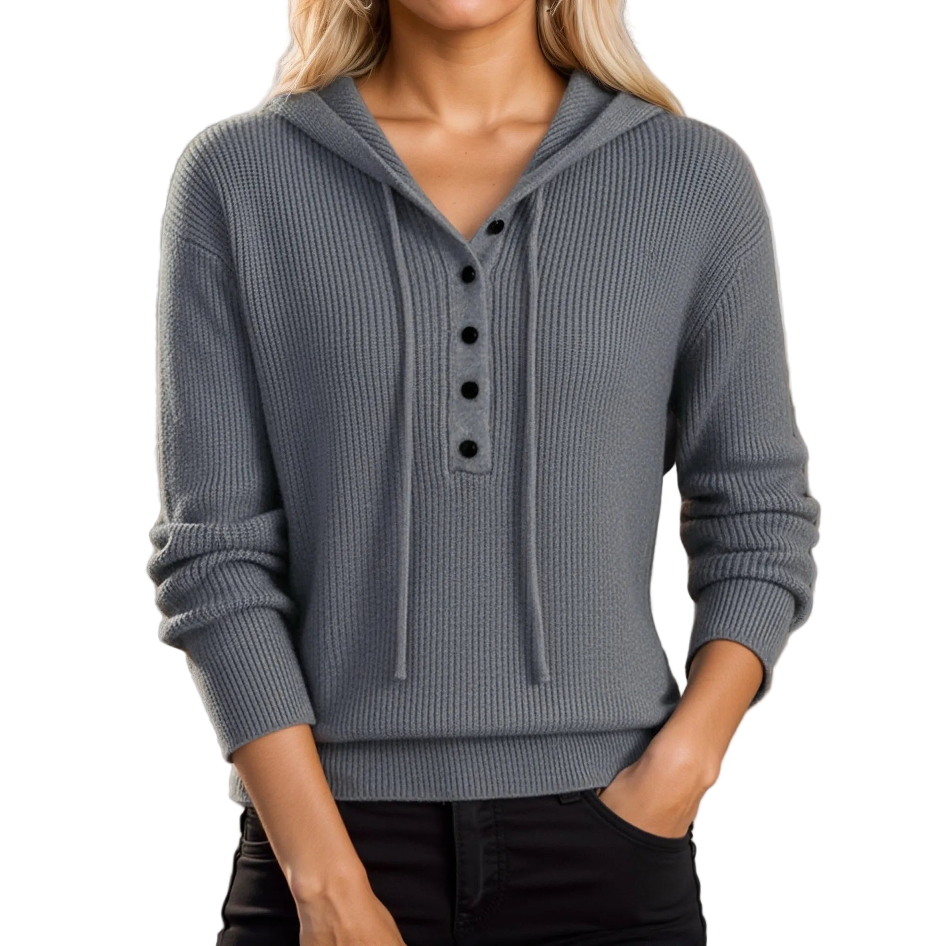 A woman wearing a textured charcoal gray ribbed knit hoodie featuring drop-shoulder detailing and a buttoned collar.