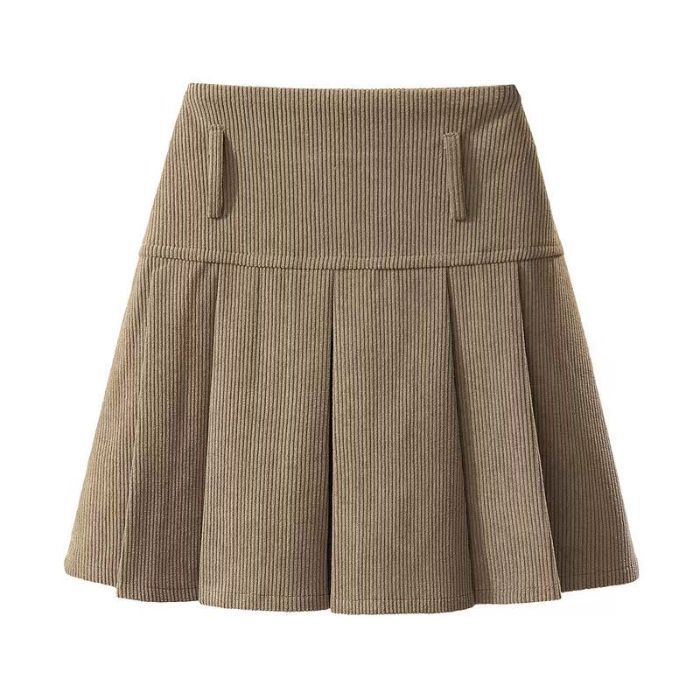 Flat lay or rear view of the coffee-brown corduroy skirt showing its structure.