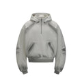 Front view of the Montquant Heavyweight Half-Zip Hoodie in a soft heather grey colorway, highlighting its metal neckline zip, front kangaroo pocket, and unique distressed seam piping.