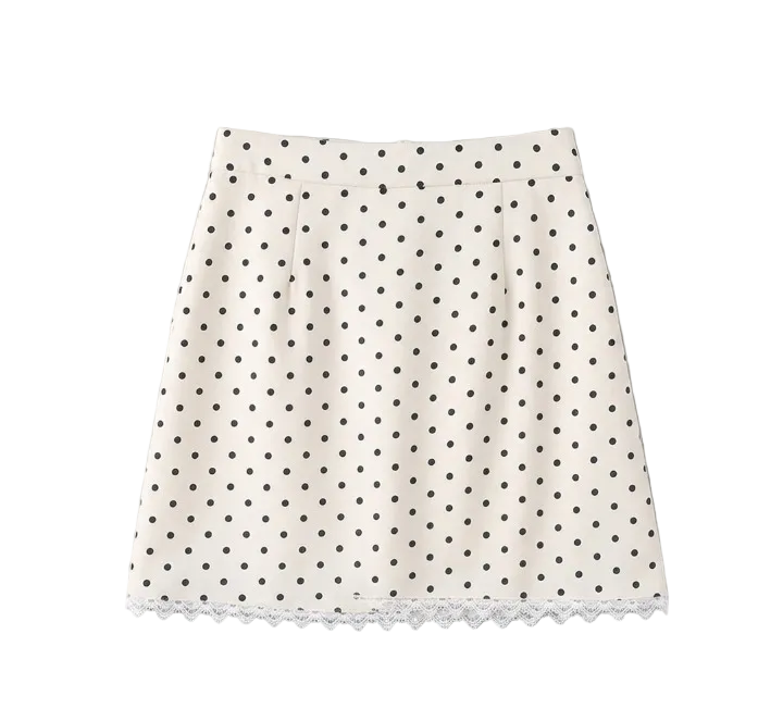 White polka dot mini skirt variation with black dots and delicate lace trim
