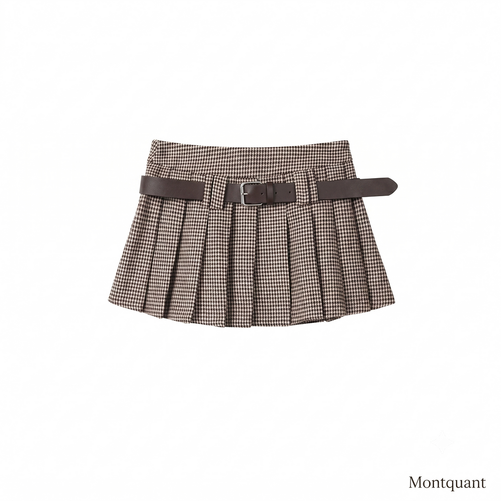 Brown vintage houndstooth pleated mini skirt featuring a thick matching belt by MontQuant