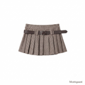 Brown vintage houndstooth pleated mini skirt featuring a thick matching belt by MontQuant