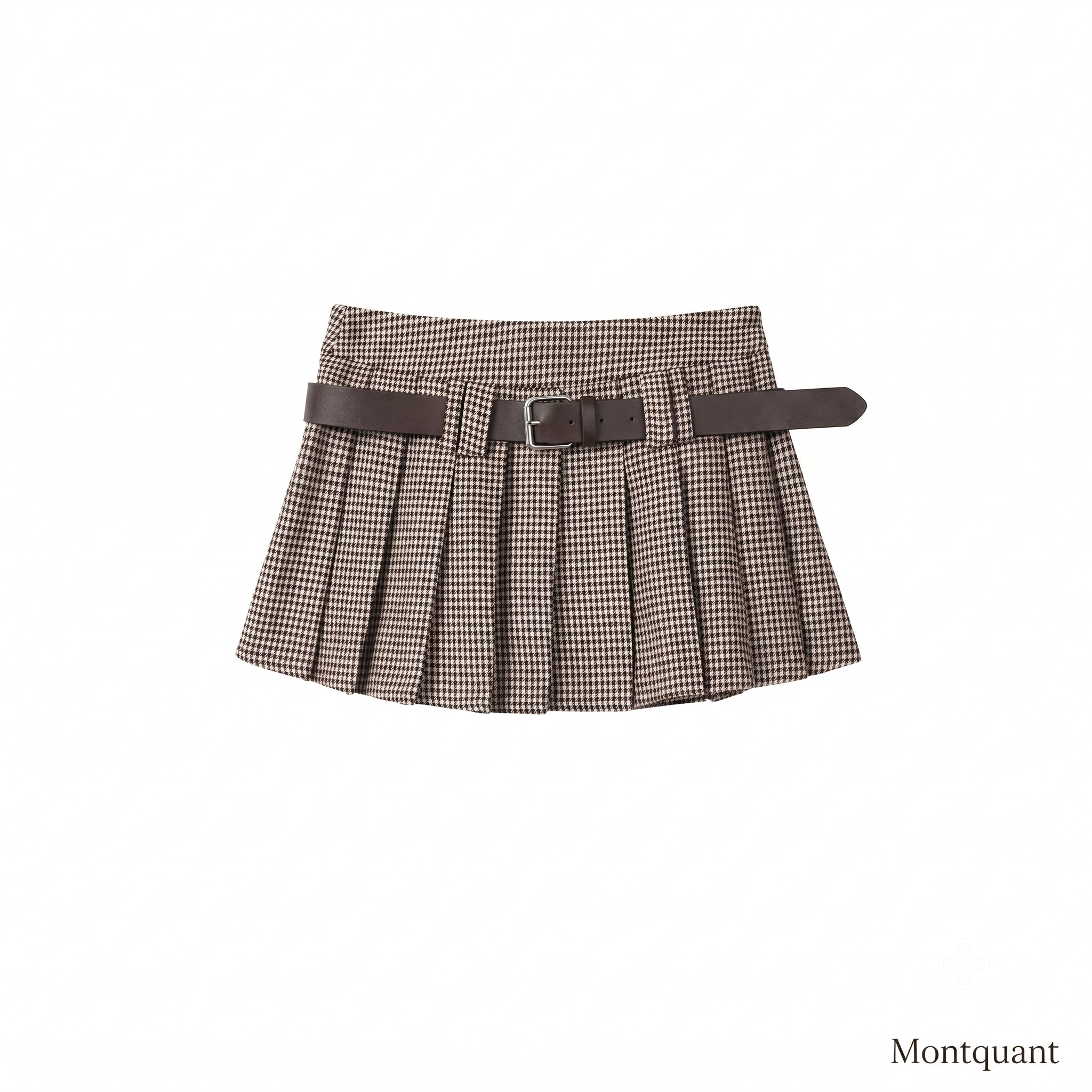 Brown vintage houndstooth pleated mini skirt featuring a thick matching belt by MontQuant