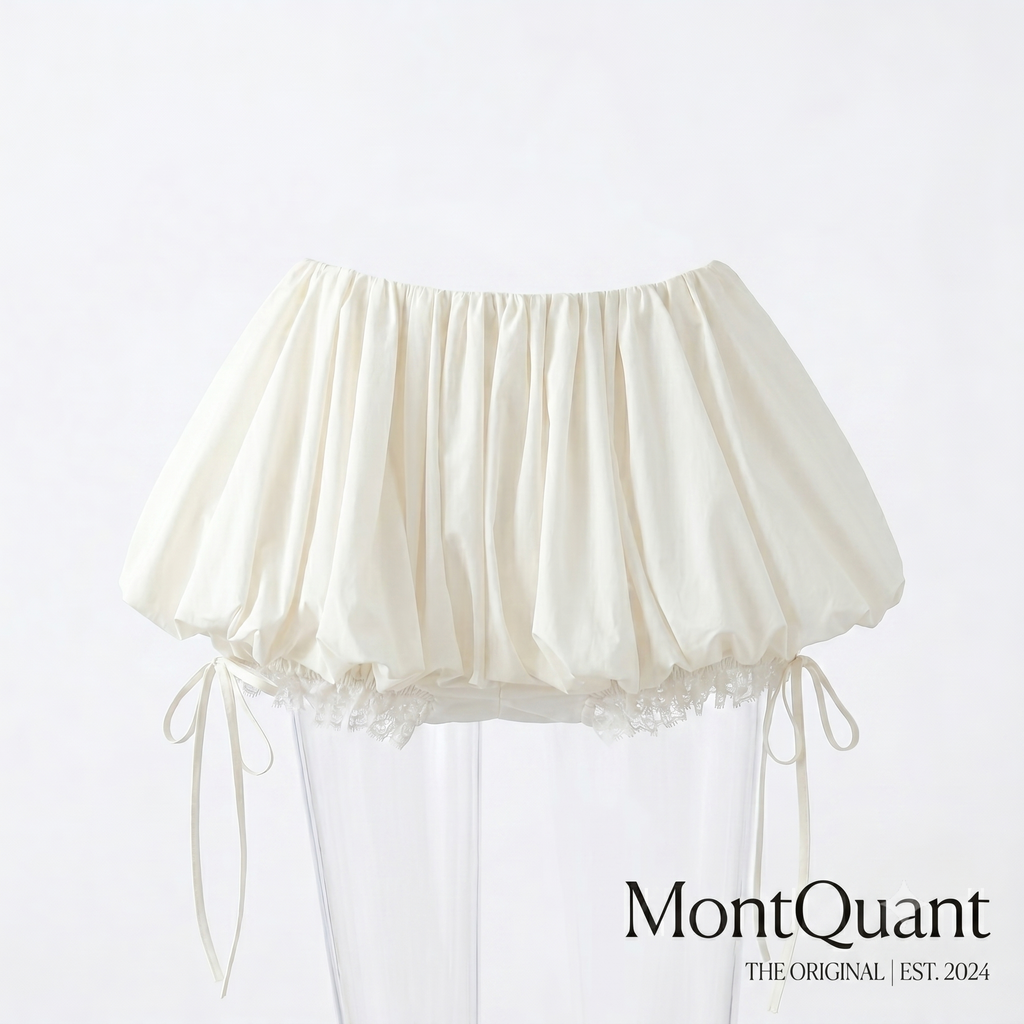 Off-white fluffy mini skirt with drawstring ties on the hem by MontQuant