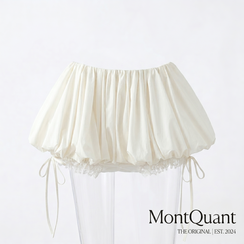 Off-white fluffy mini skirt with drawstring ties on the hem by MontQuant